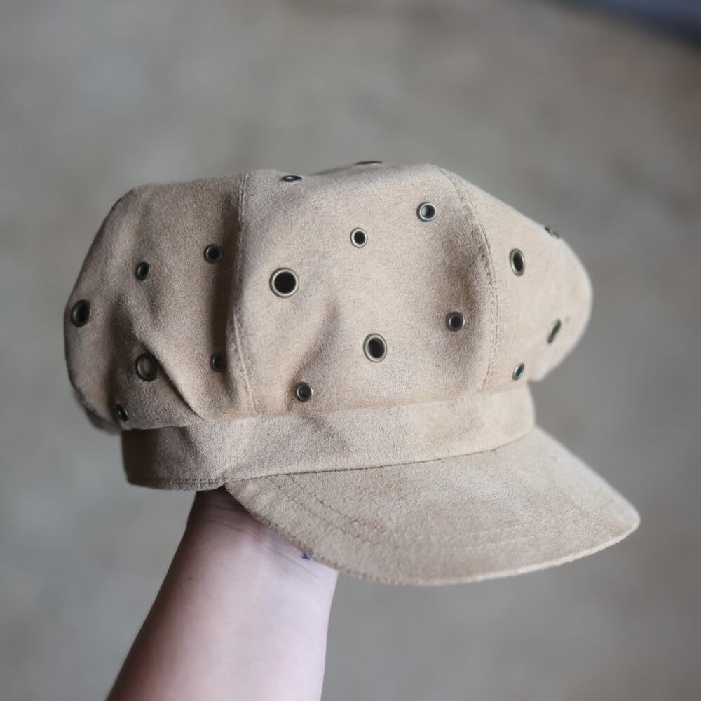 Y2K Beige Faux Suede Studded Cadet Cap | Military Newsboy Hat | One Size - Picture 1 of 4